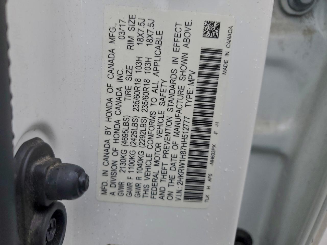 2017 Honda Cr-V Exl VIN: 2HKRW1H87HH512777 Lot: 95920115