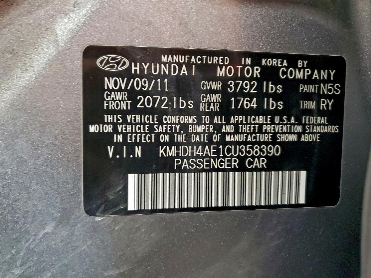 2012 Hyundai Elantra Gls VIN: KMHDH4AE1CU358390 Lot: 96213105