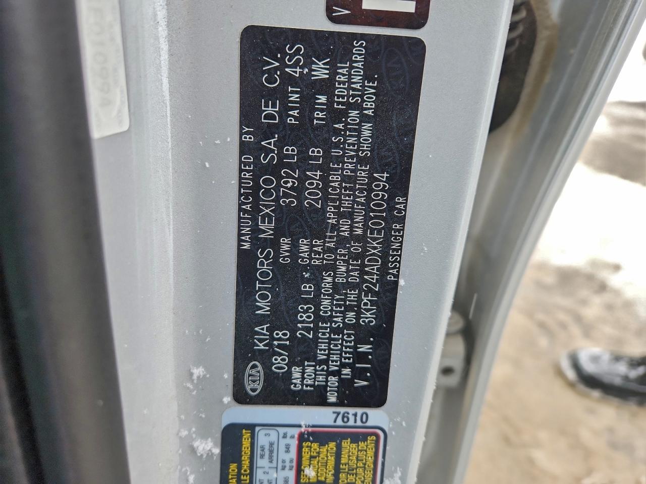 2019 Kia Forte Fe VIN: 3KPF24ADXKE010994 Lot: 94392165