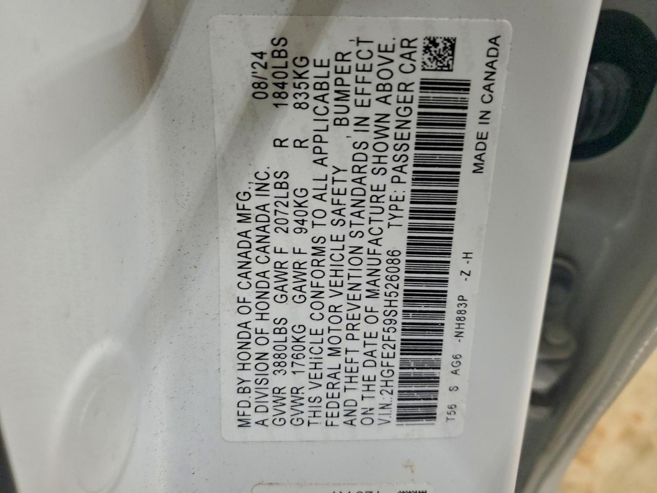 2025 Honda Civic Sport VIN: 2HGFE2F59SH526086 Lot: 95547675