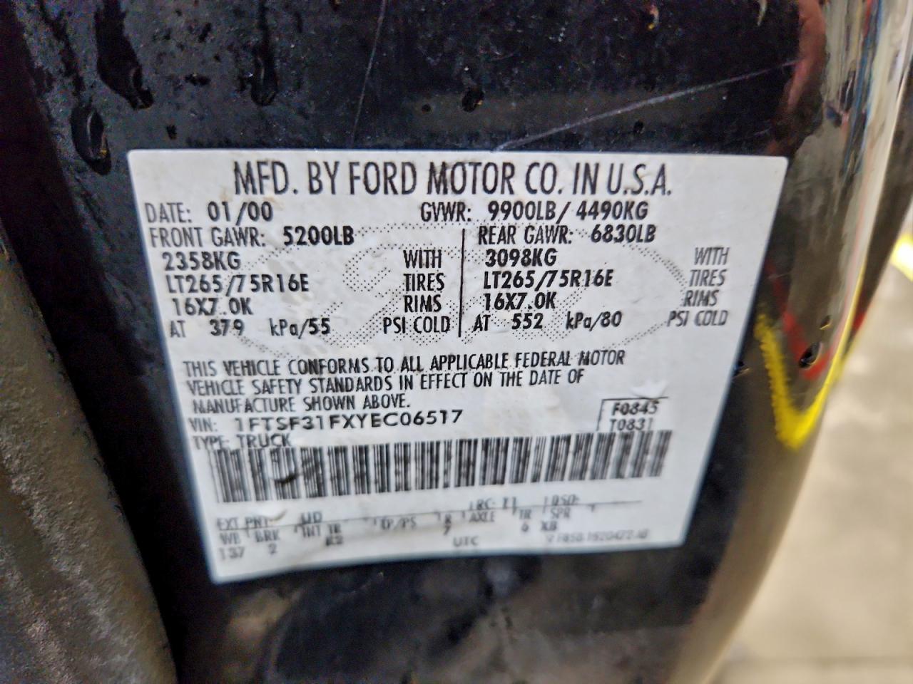 2000 Ford F350 Srw Super Duty VIN: 1FTSF31FXYEC06517 Lot: 94506565