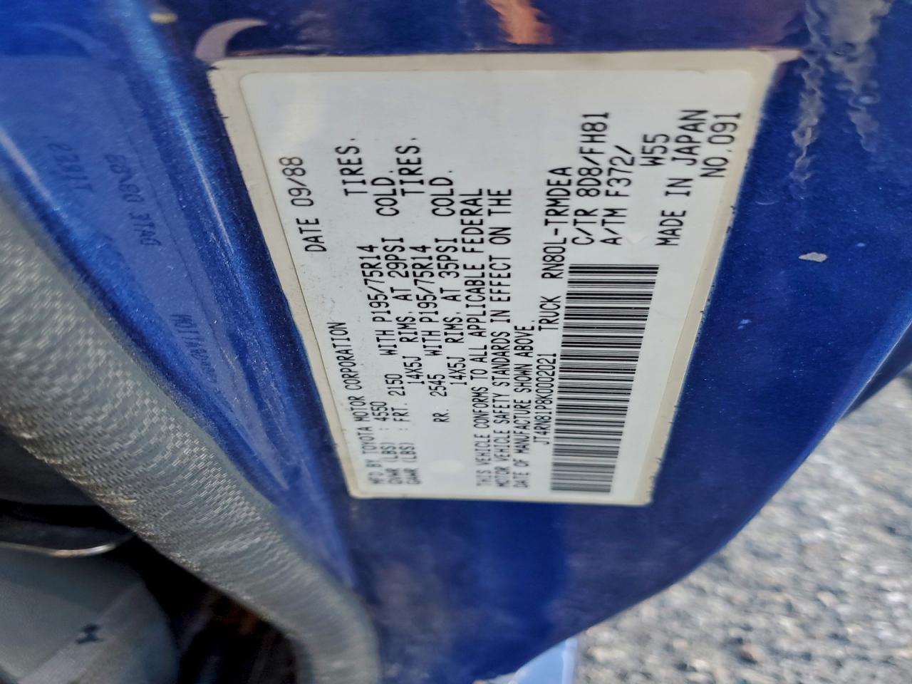 1989 Toyota Pickup 1/2 Ton Short Wheelbase Dlx VIN: JT4RN81P8K0002021 Lot: 95435145