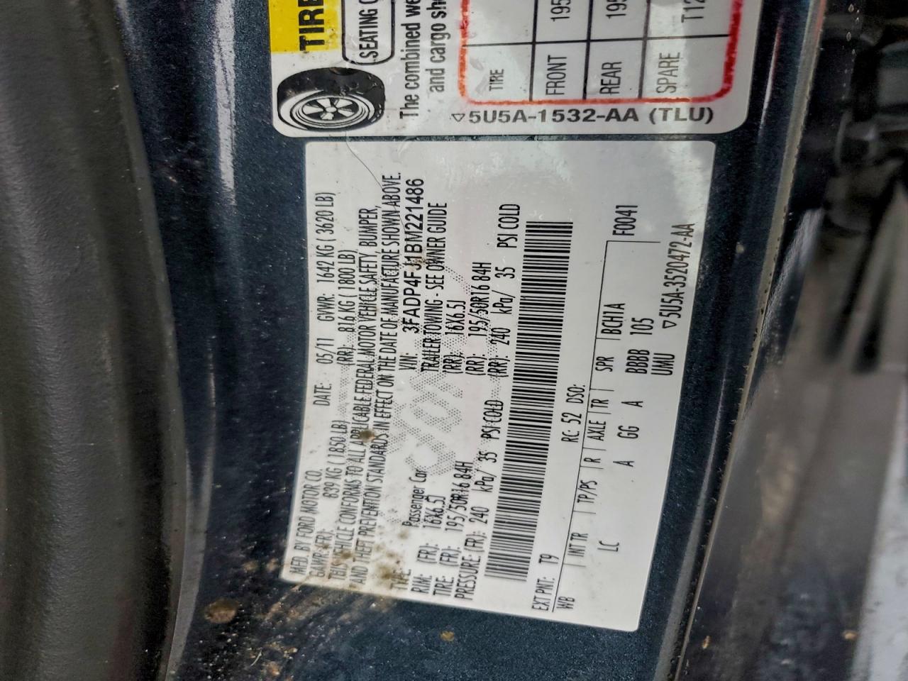 2011 Ford Fiesta Ses VIN: 3FADP4FJ1BM221486 Lot: 95897415