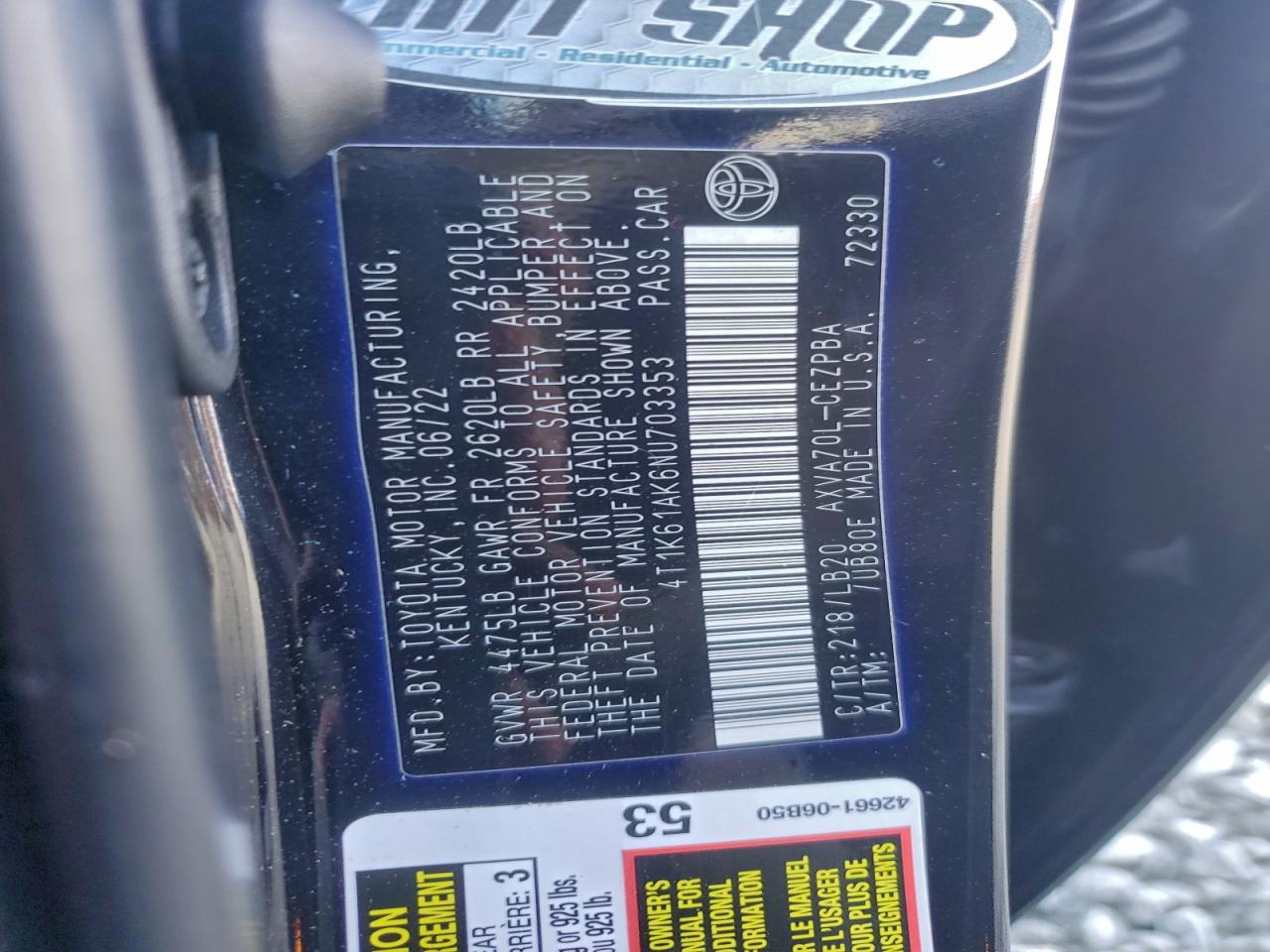 2022 Toyota Camry Xse VIN: 4T1K61AK6NU703353 Lot: 96295835