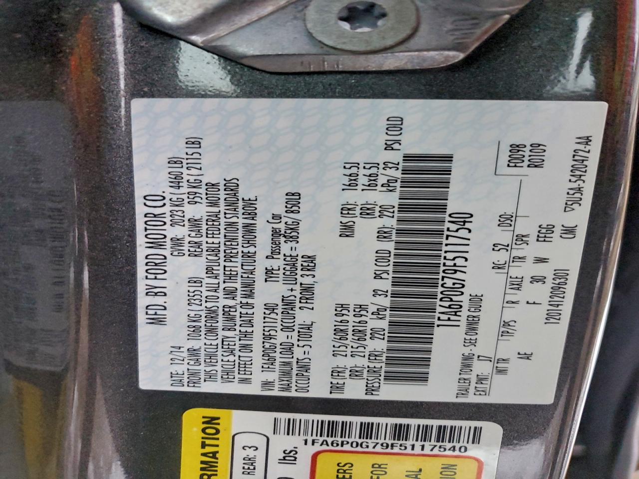 2015 Ford Fusion S VIN: 1FA6P0G79F5117540 Lot: 94989725