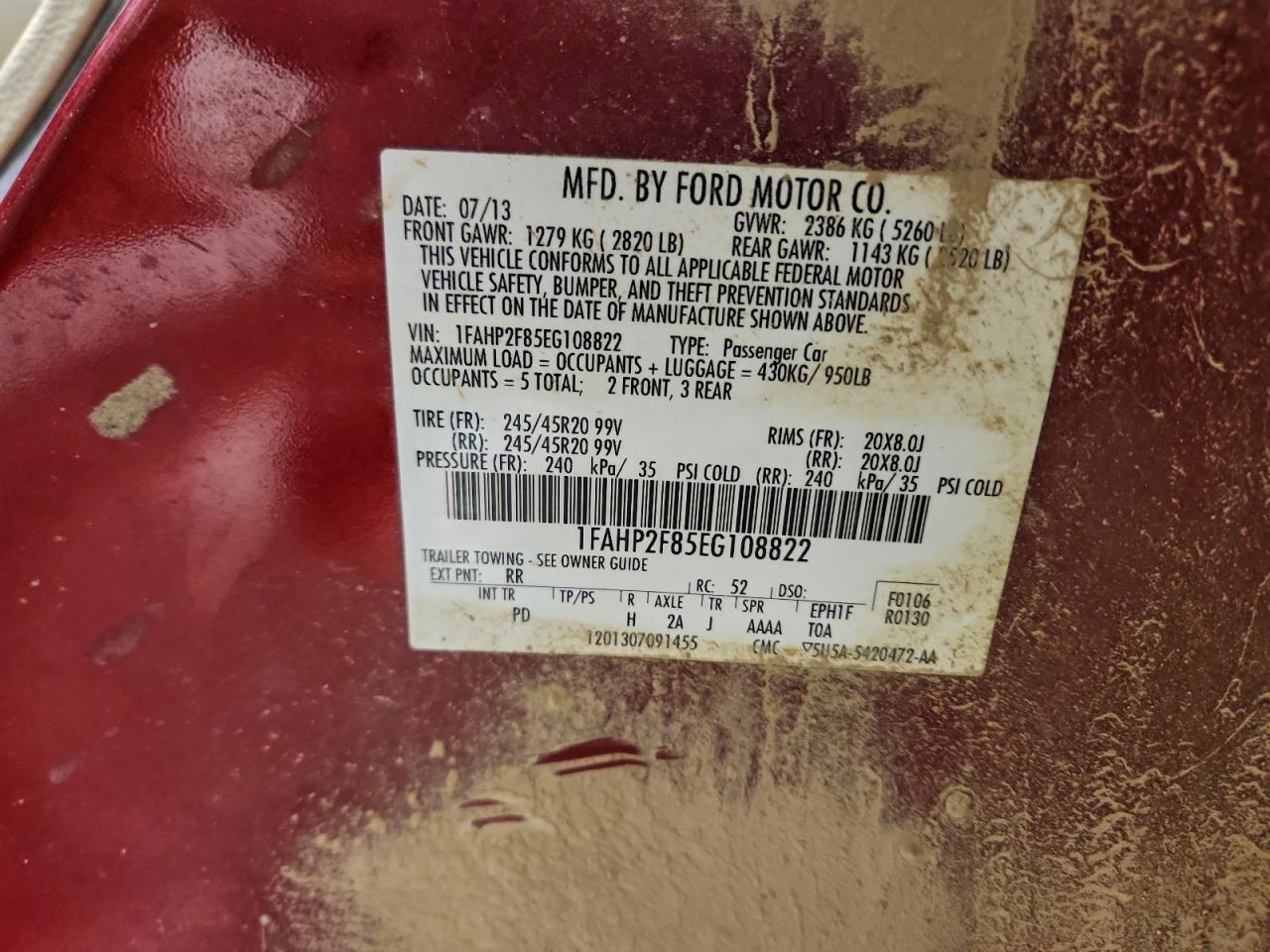 2014 Ford Taurus Limited VIN: 1FAHP2F85EG108822 Lot: 93751575