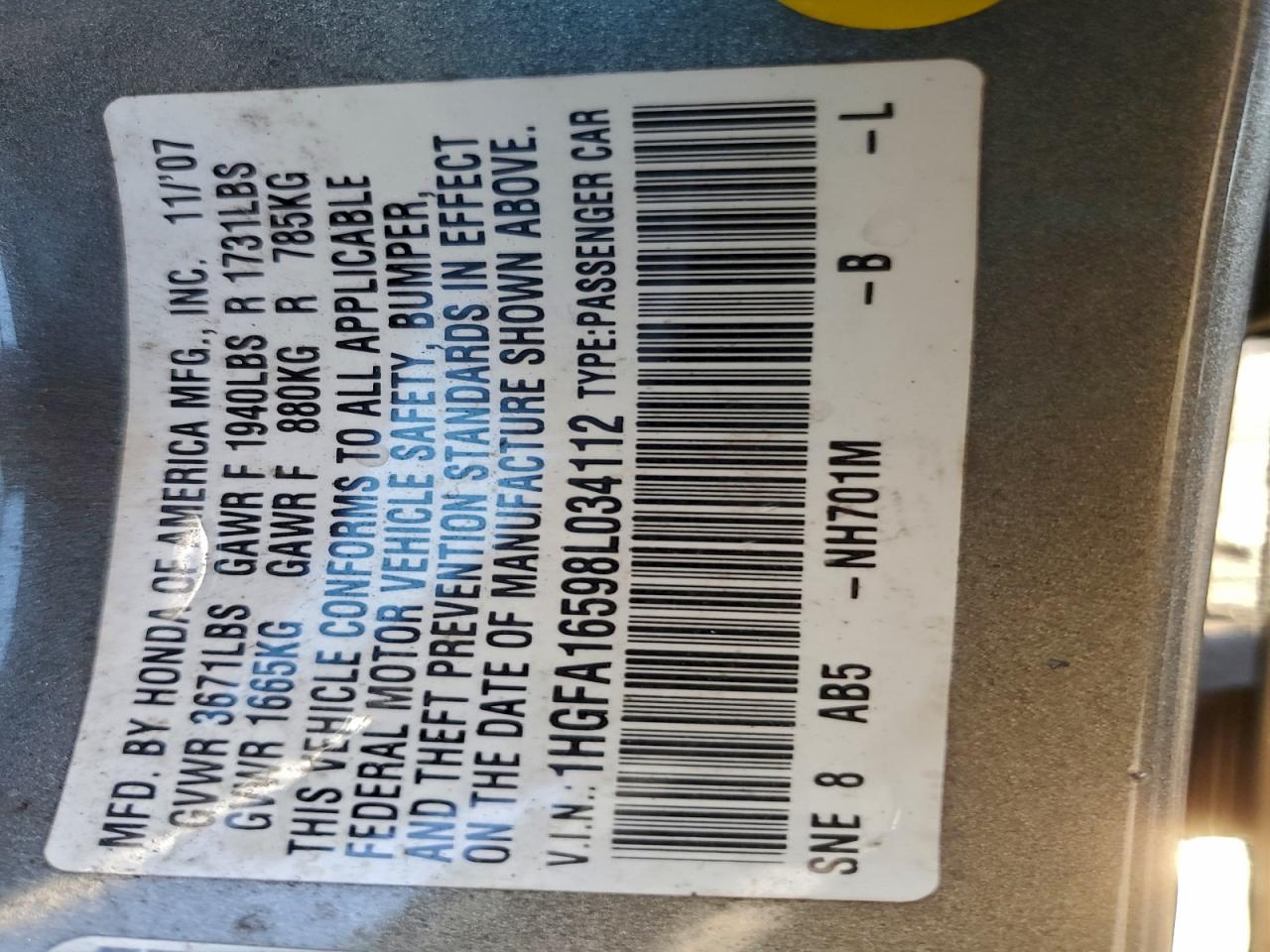 2008 Honda Civic Lx VIN: 1HGFA16598L034112 Lot: 98145195