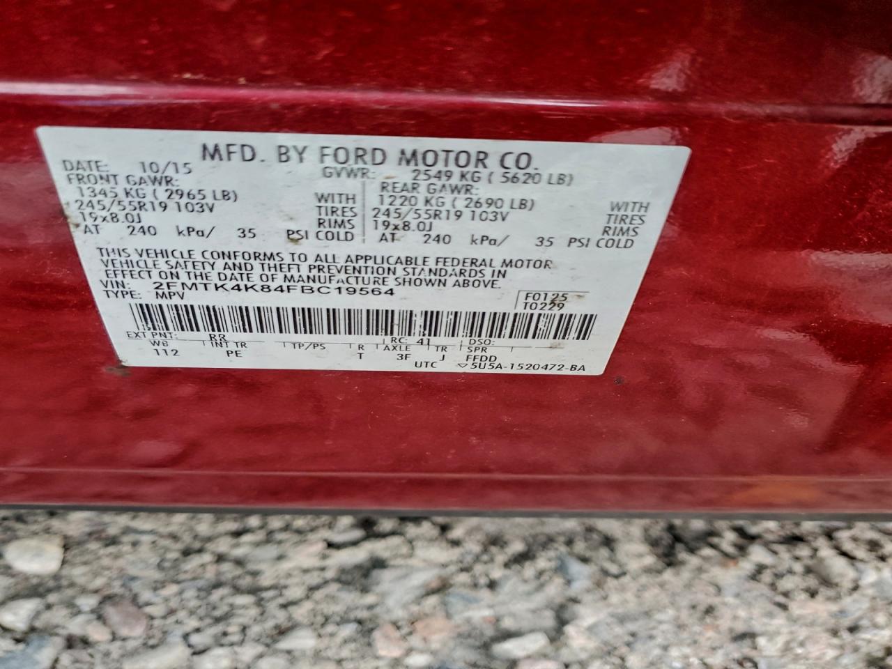 2015 Ford Edge Titanium VIN: 2FMTK4K84FBC19564 Lot: 94757875