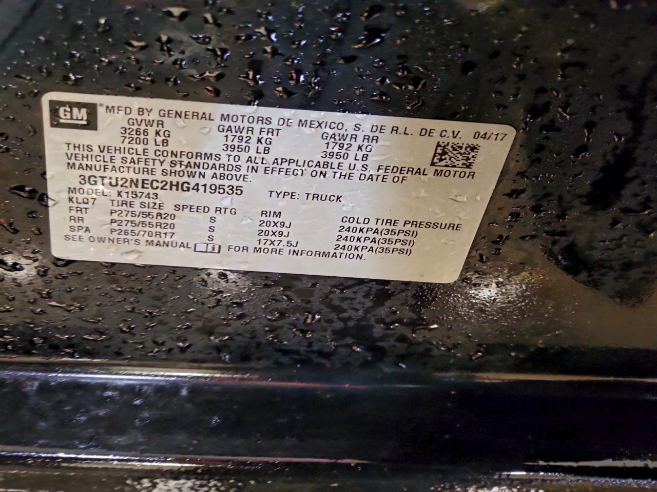 2017 GMC Sierra K1500 Slt VIN: 3GTU2NEC2HG419535 Lot: 94063625