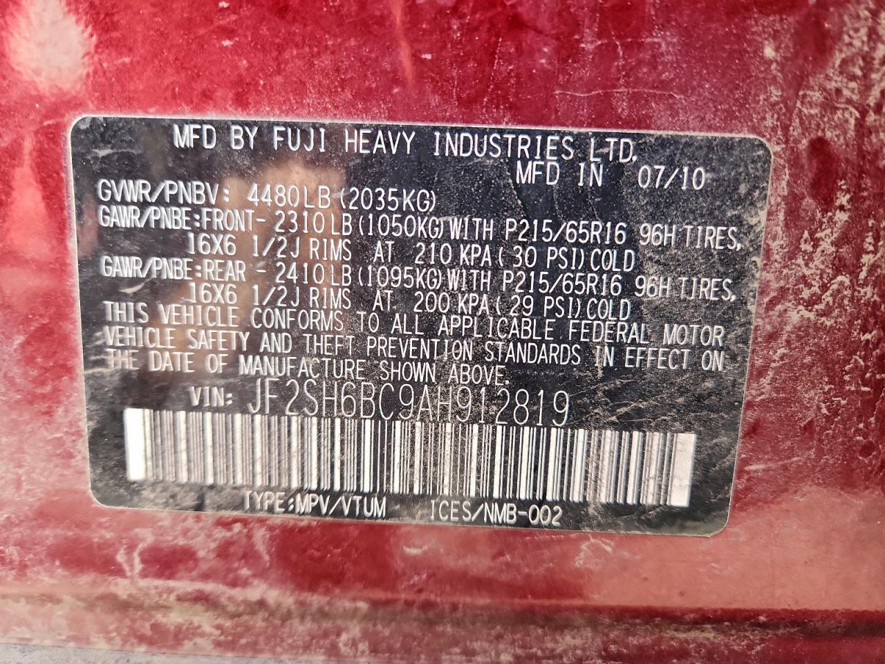 2010 Subaru Forester Xs VIN: JF2SH6BC9AH912819 Lot: 94411415