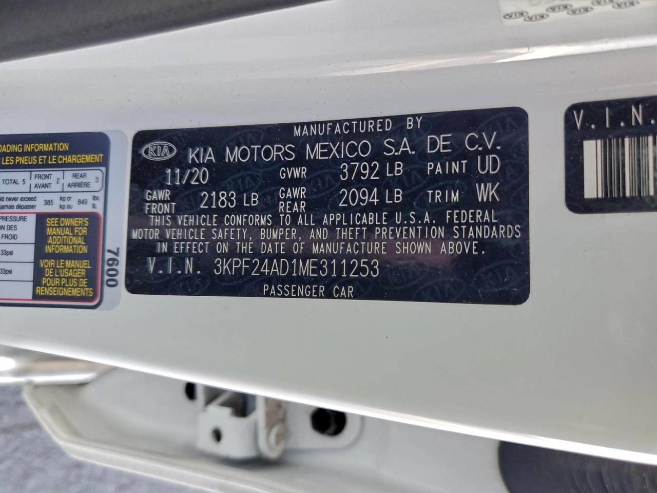 2021 Kia Forte Fe VIN: 3KPF24AD1ME311253 Lot: 95012635