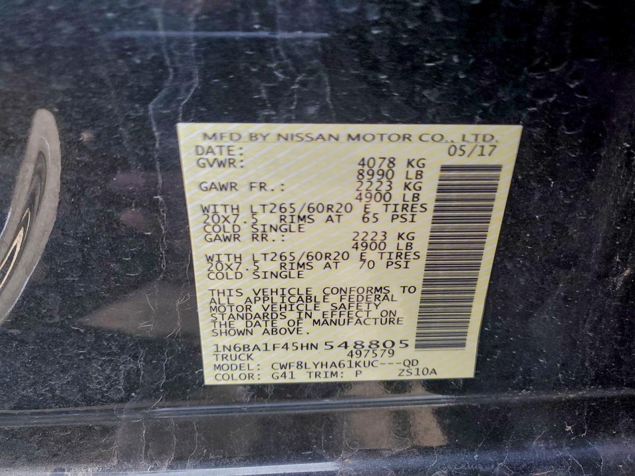 2017 Nissan Titan Xd Sl VIN: 1N6BA1F45HN548805 Lot: 94700315