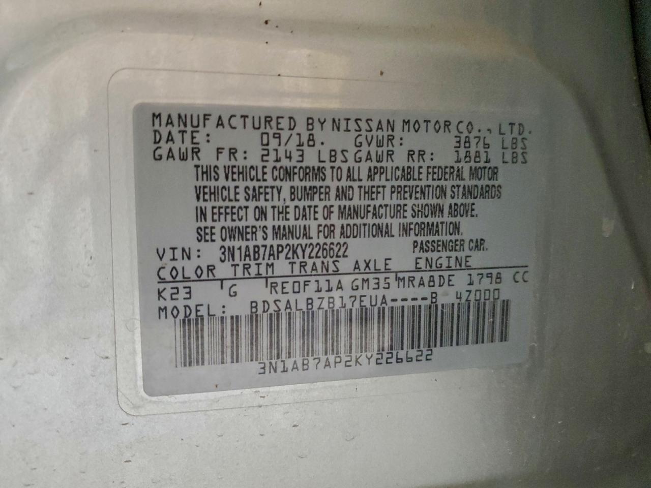 2019 Nissan Sentra S VIN: 3N1AB7AP2KY226622 Lot: 95100085