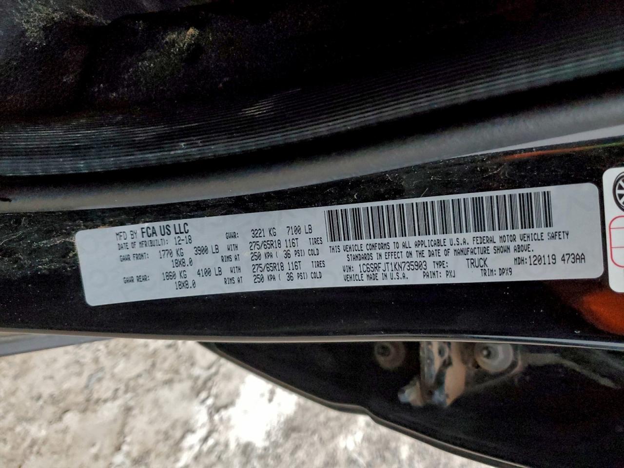 2019 Ram 1500 Laramie VIN: 1C6SRFJT1KN735903 Lot: 95426455