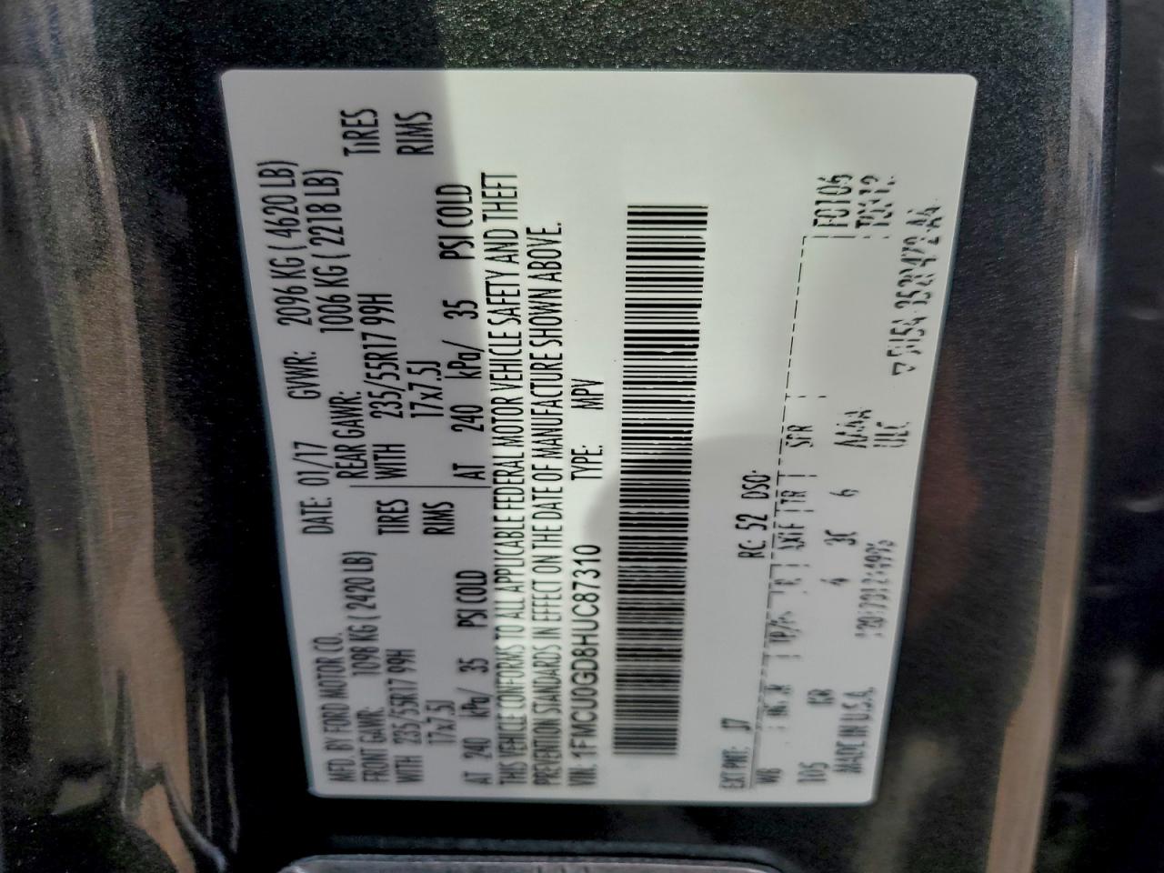 2017 Ford Escape Se VIN: 1FMCU0GD8HUC87310 Lot: 95639415