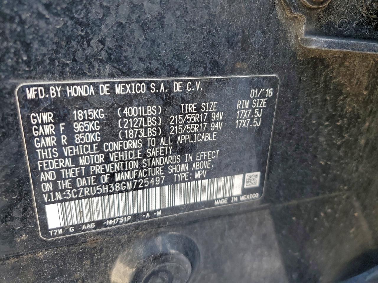 2016 Honda Hr-V Lx VIN: 3CZRU5H38GM725497 Lot: 96814415