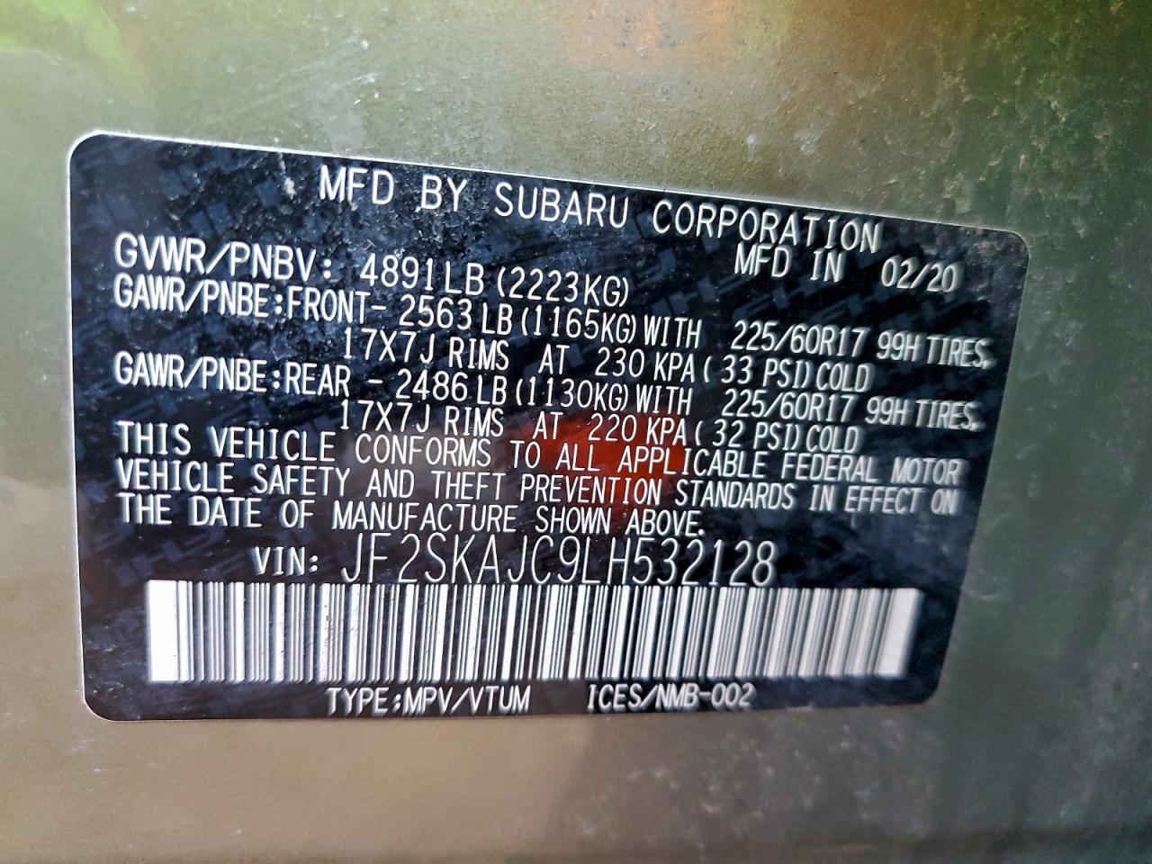 2020 Subaru Forester Premium VIN: JF2SKAJC9LH532128 Lot: 94784375