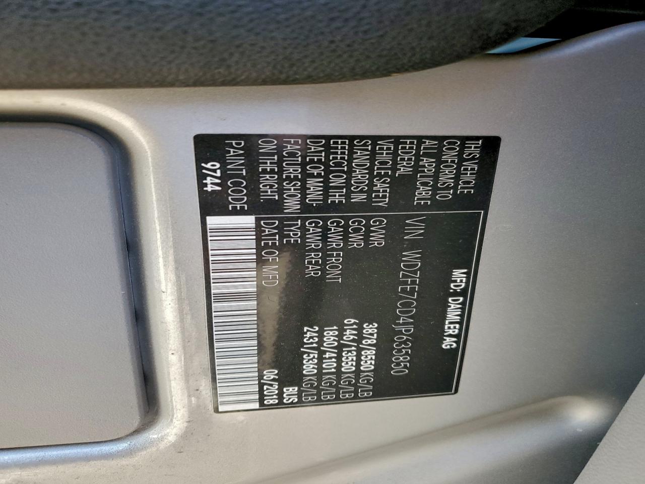 2018 Mercedes-Benz Sprinter 2500 VIN: WDZFE7CD4JP635850 Lot: 96711365