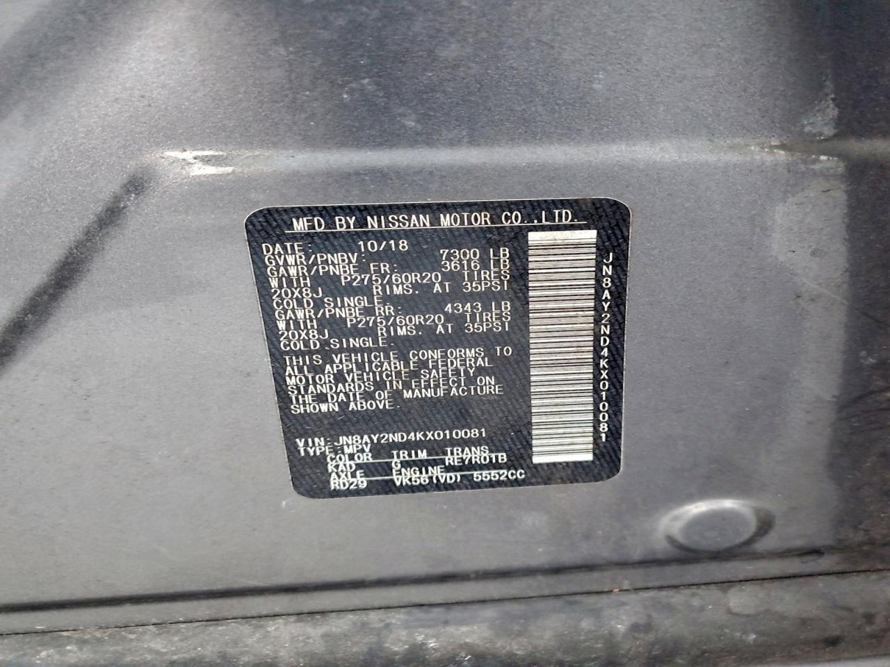 2019 Nissan Armada Sv VIN: JN8AY2ND4KX010081 Lot: 95305145