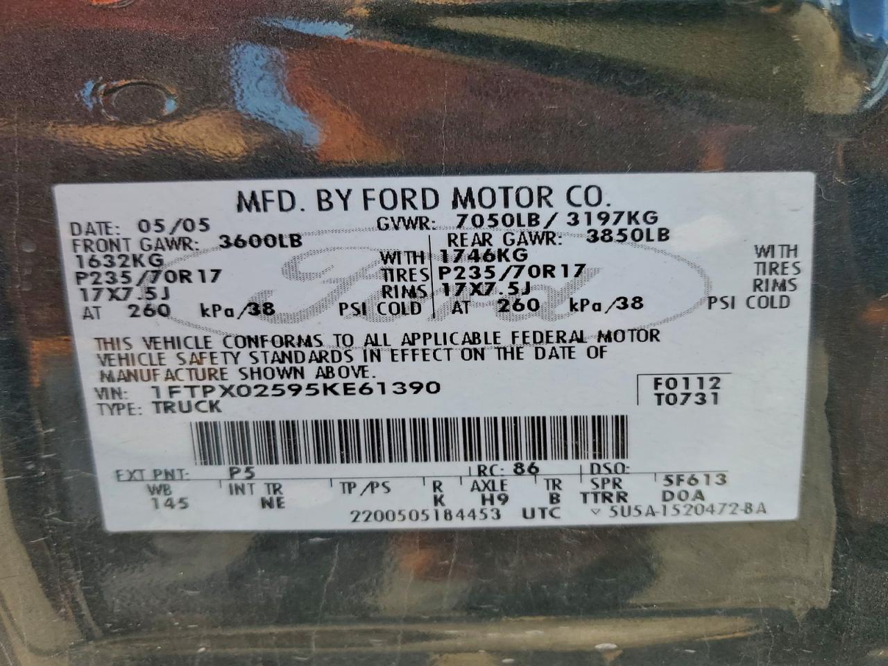 2005 Ford F150 VIN: 1FTPX02595KE61390 Lot: 94277715