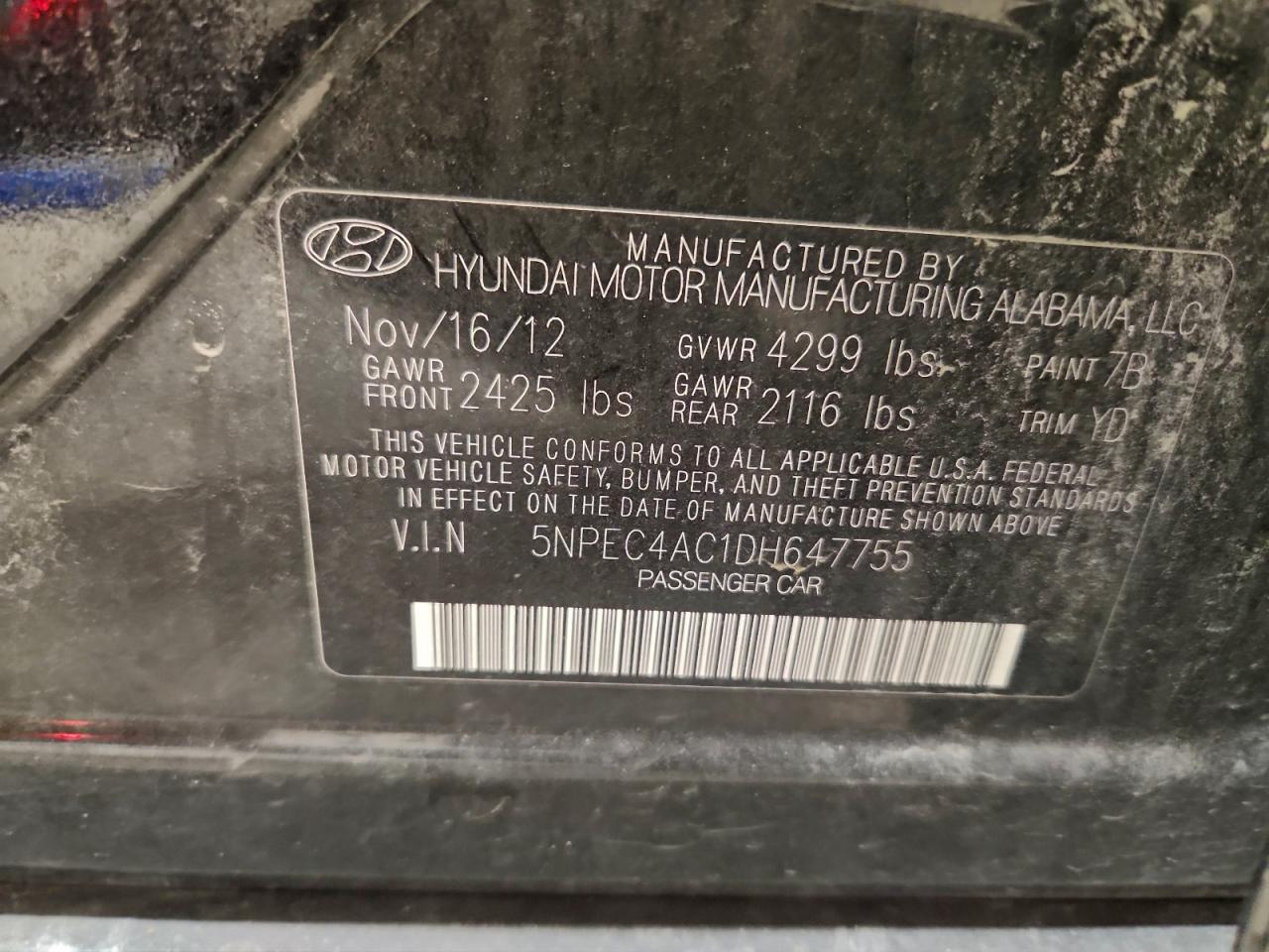 2013 Hyundai Sonata Se VIN: 5NPEC4AC1DH647755 Lot: 96573305