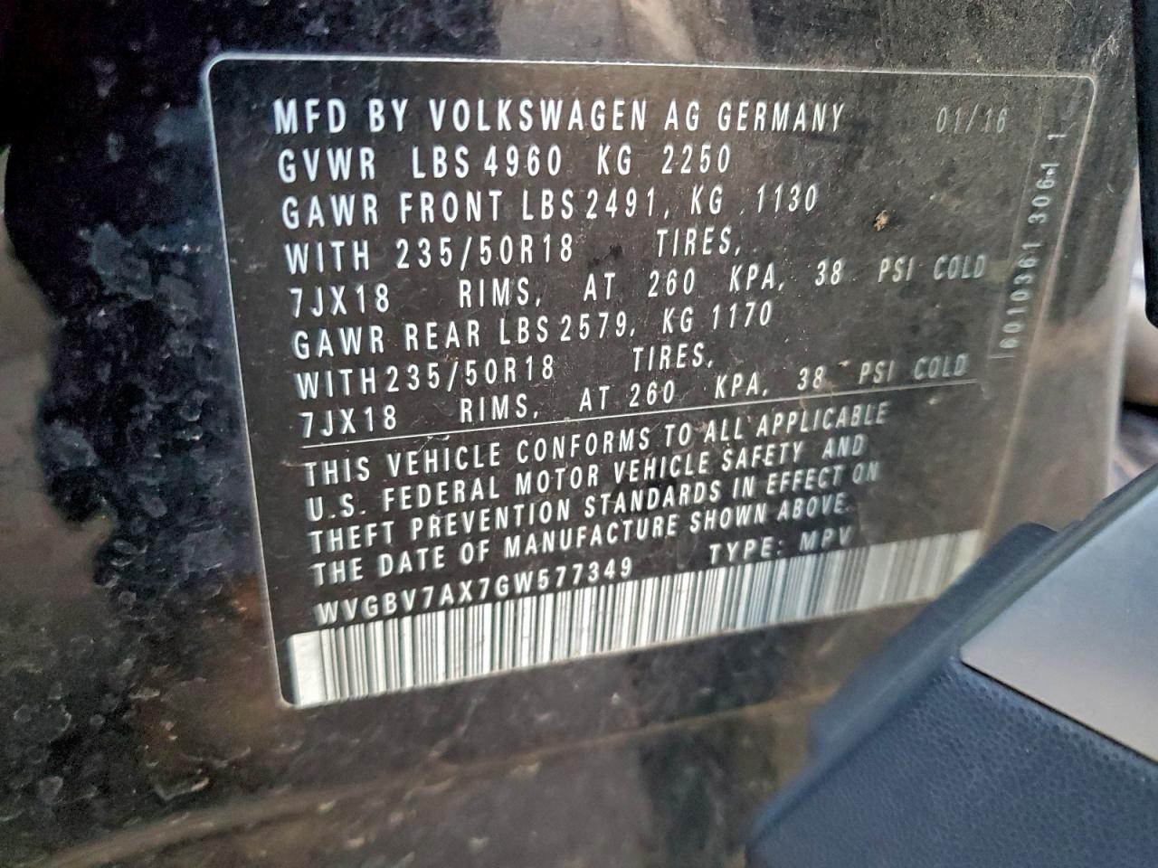 2016 Volkswagen Tiguan S VIN: WVGBV7AX7GW577349 Lot: 94712715