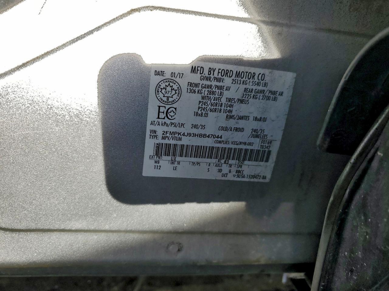 2017 Ford Edge Sel VIN: 2FMPK4J93HBB47044 Lot: 96818735