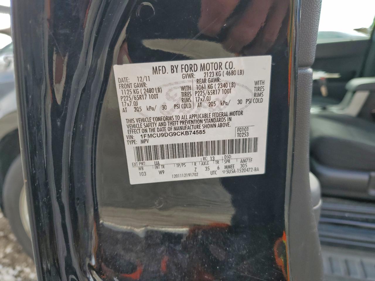 2012 Ford Escape Xlt VIN: 1FMCU9DG9CKB74585 Lot: 94990765