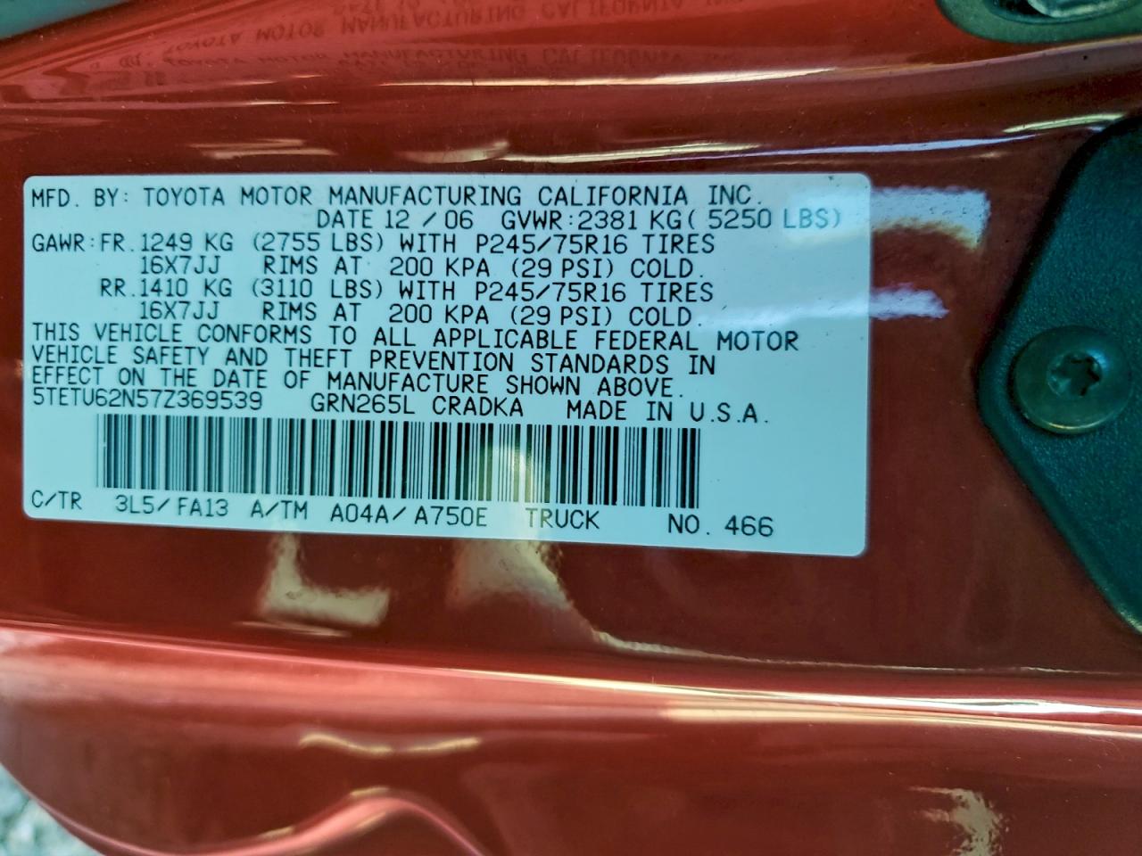2007 Toyota Tacoma Prerunner Access Cab VIN: 5TETU62N57Z369539 Lot: 95167085