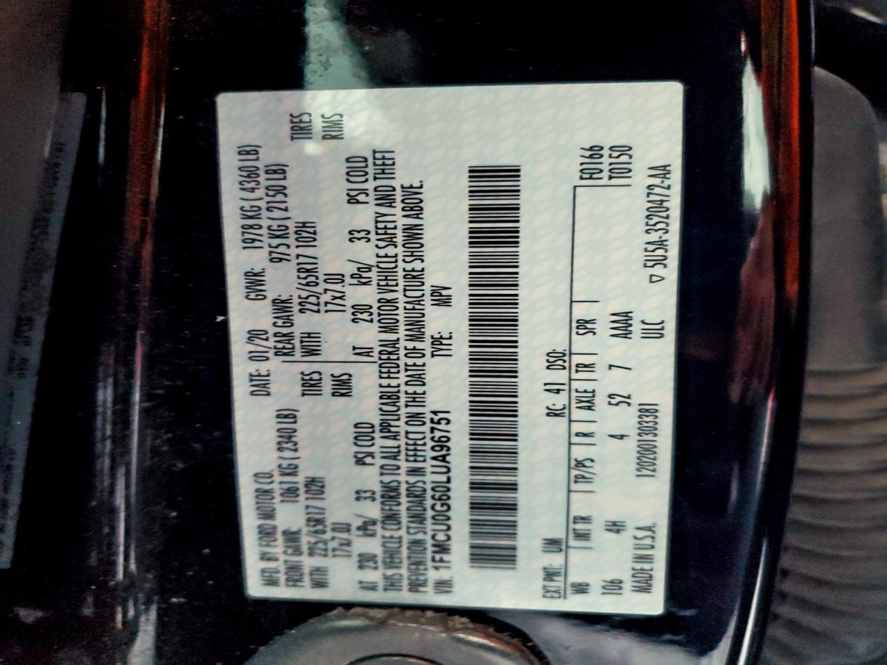 2020 Ford Escape Se VIN: 1FMCU0G60LUA96751 Lot: 94347905