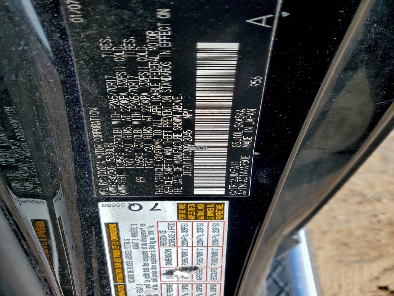 2007 Toyota Fj Cruiser VIN: JTEZU11F070012045 Lot: 95097395