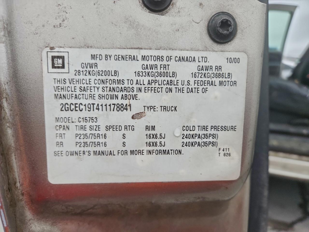 2001 Chevrolet Silverado C1500 VIN: 2GCEC19T411178841 Lot: 95487835