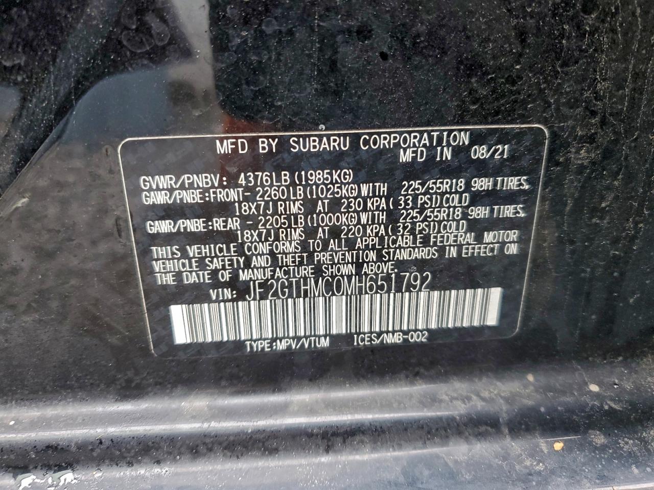 2021 Subaru Crosstrek Limited VIN: JF2GTHMC0MH651792 Lot: 95339085