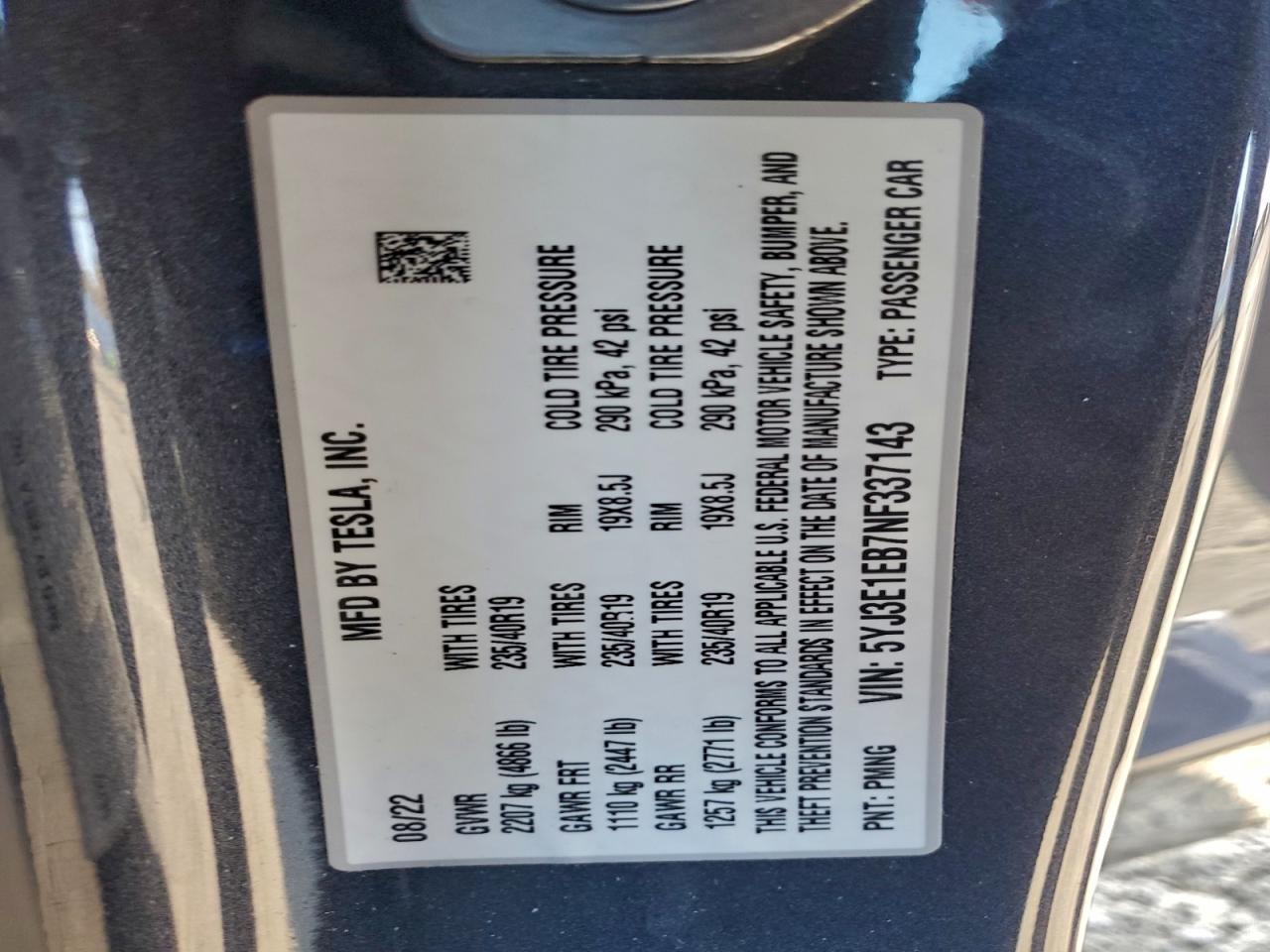 2022 Tesla Model 3 VIN: 5YJ3E1EB7NF337143 Lot: 95184295