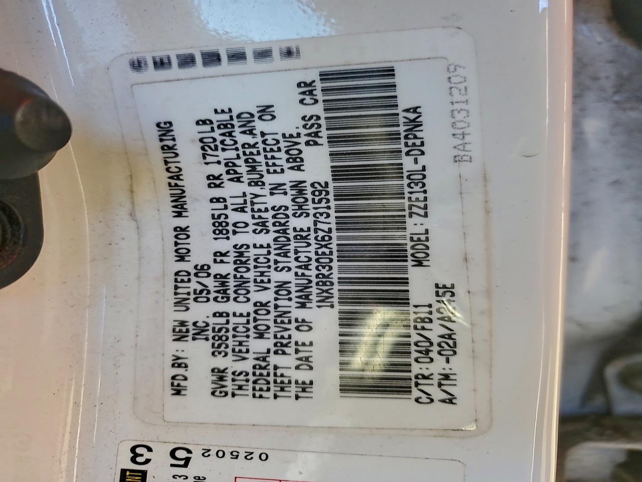 2006 Toyota Corolla Ce VIN: 1NXBR30EX6Z731592 Lot: 94788335