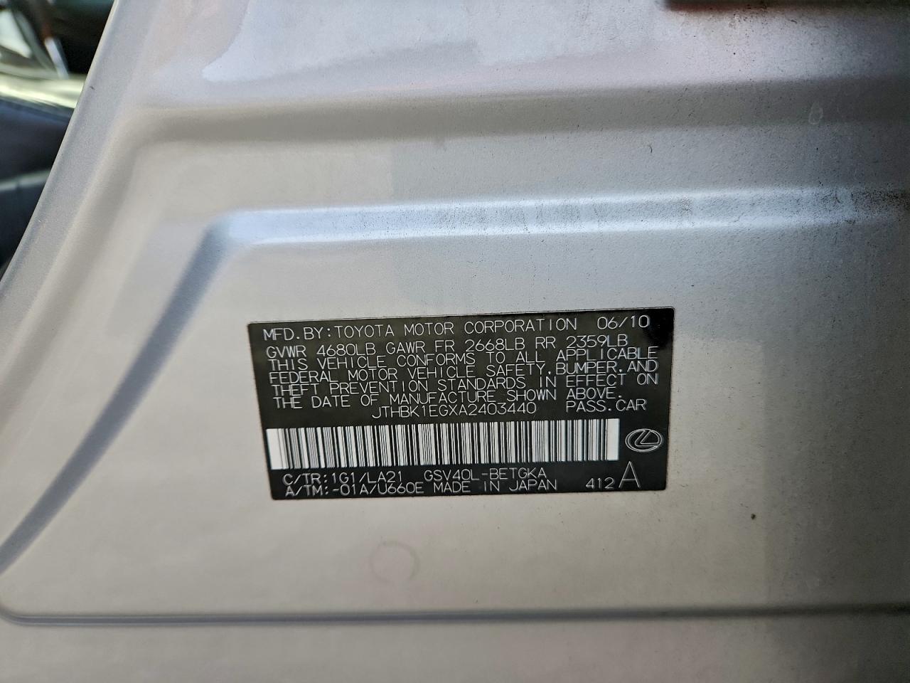 2010 Lexus Es 350 VIN: JTHBK1EGXA2403440 Lot: 94506585