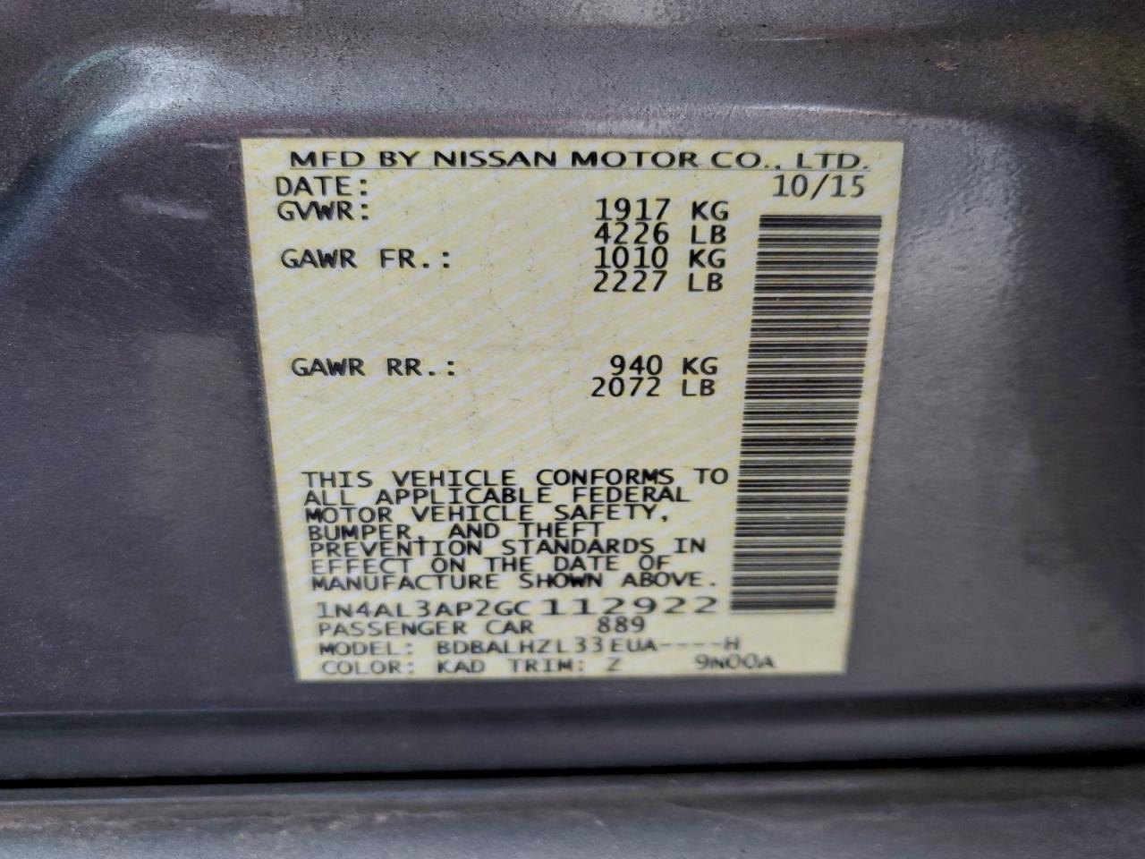 2016 Nissan Altima 2.5 VIN: 1N4AL3AP2GC112922 Lot: 94322775