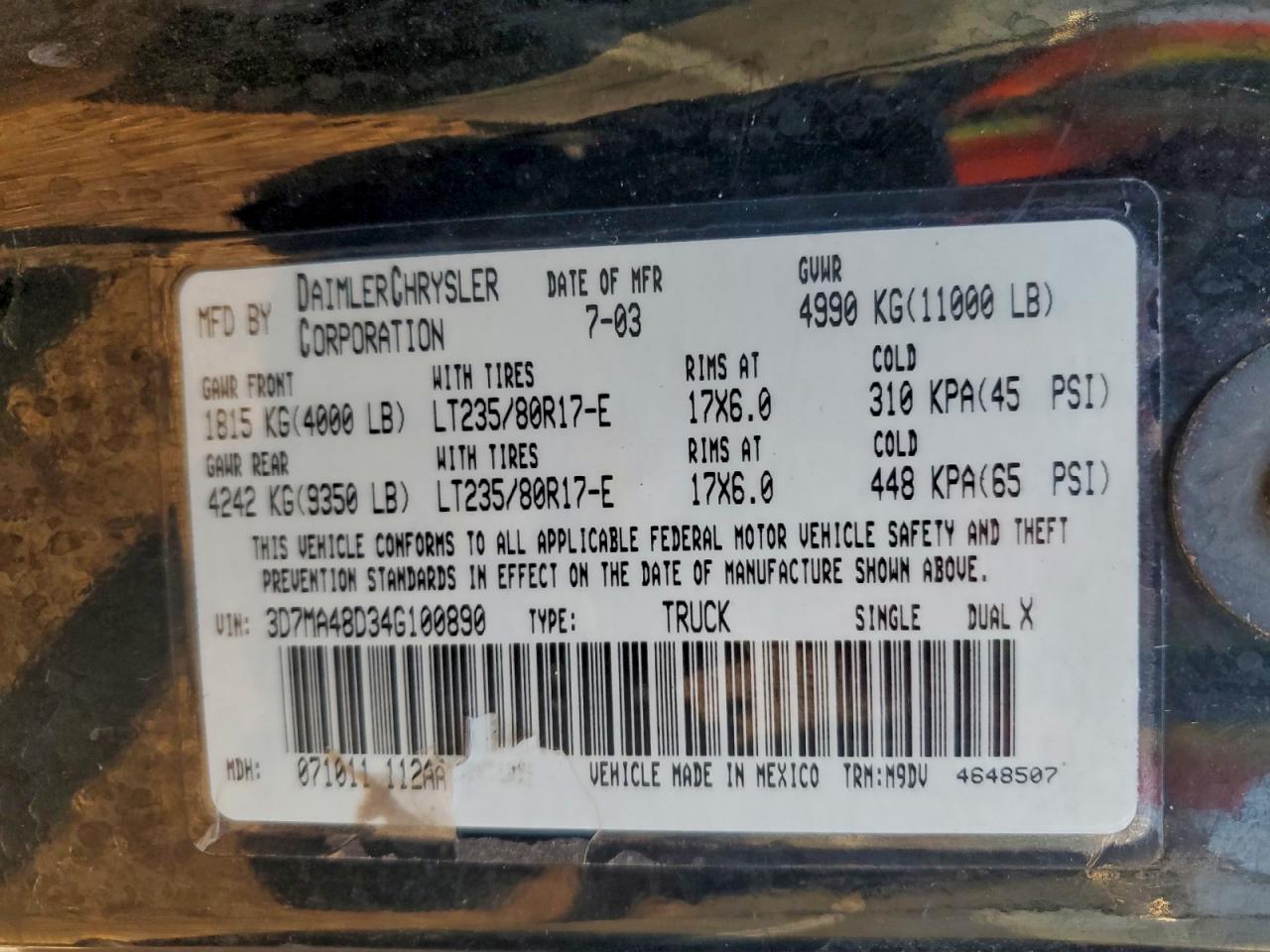 2004 Dodge Ram 3500 St VIN: 3D7MA48D34G100890 Lot: 94691885
