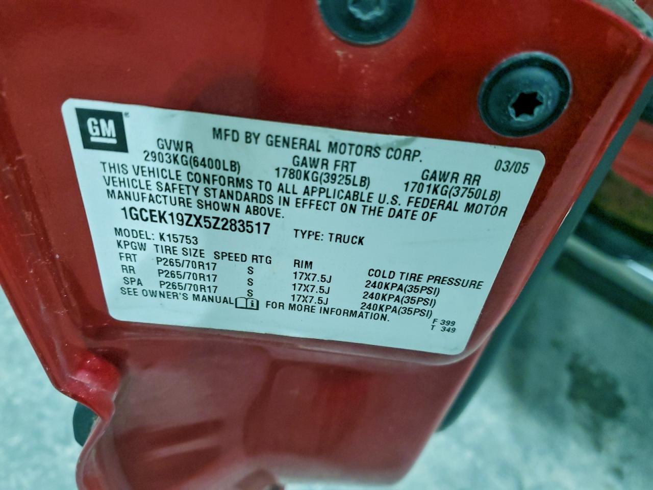 2005 Chevrolet Silverado K1500 VIN: 1GCEK19ZX5Z283517 Lot: 94968625