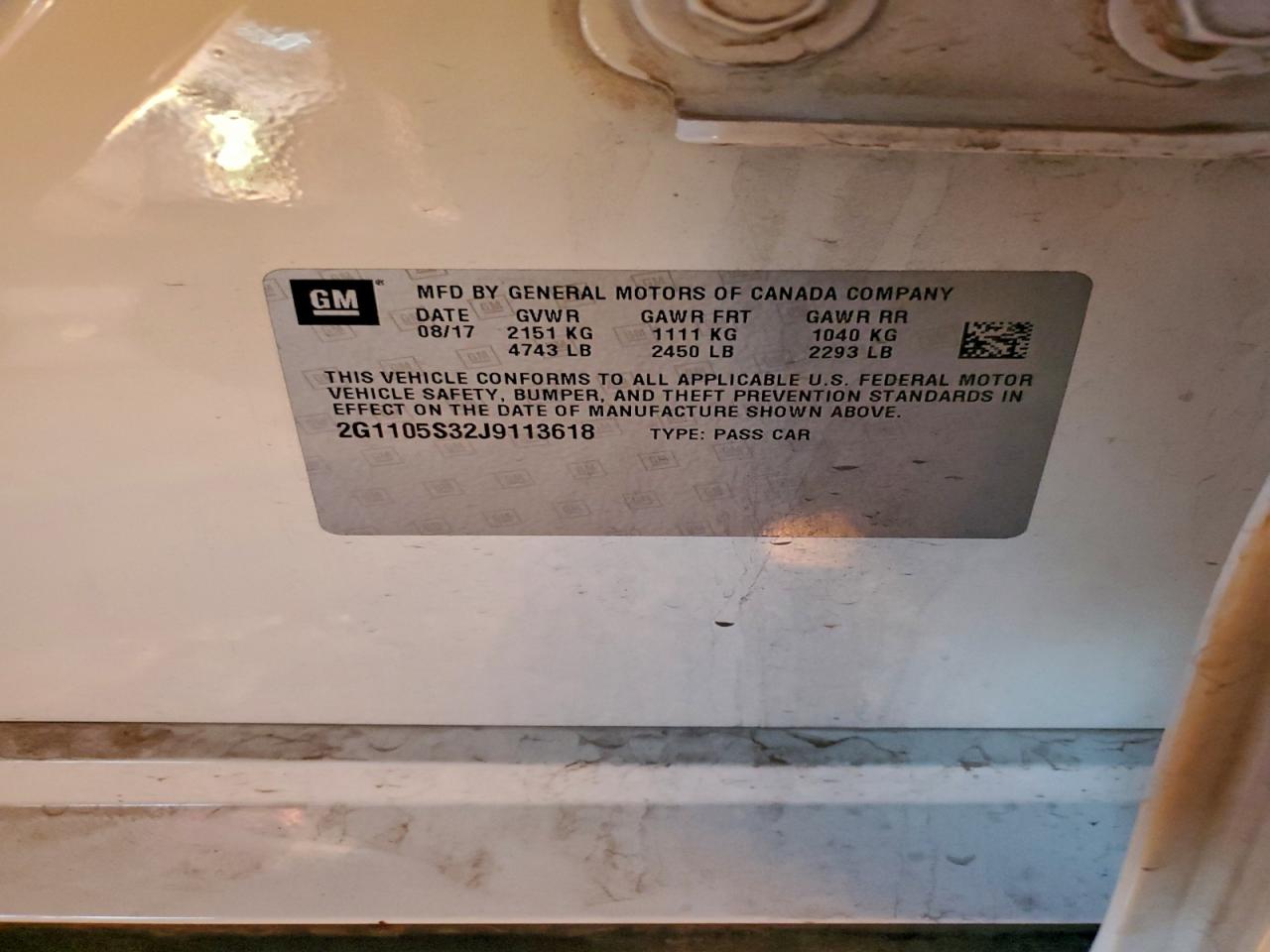 2018 Chevrolet Impala Lt VIN: 2G1105S32J9113618 Lot: 95900235