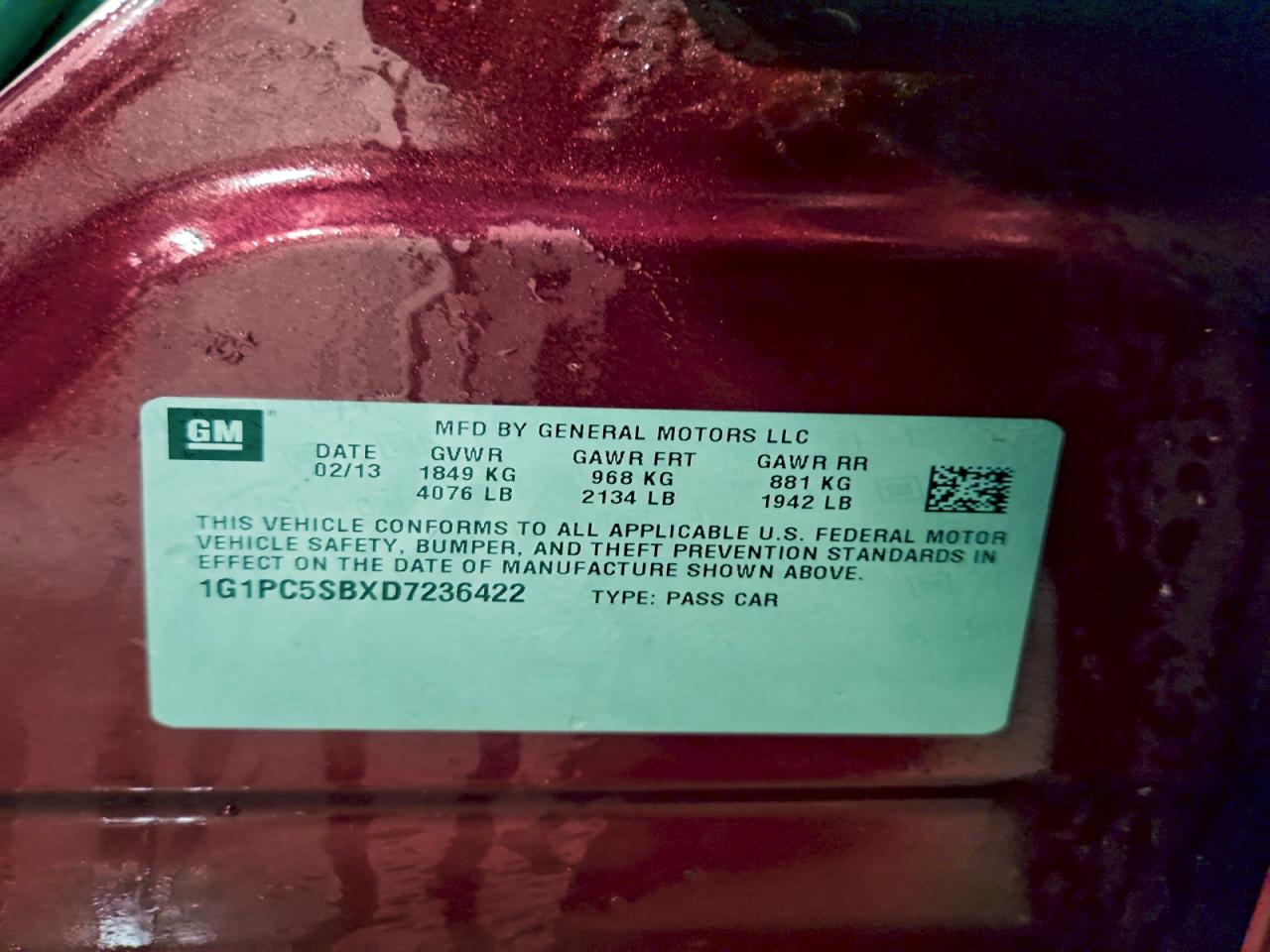 2013 Chevrolet Cruze Lt VIN: 1G1PC5SBXD7236422 Lot: 93456505