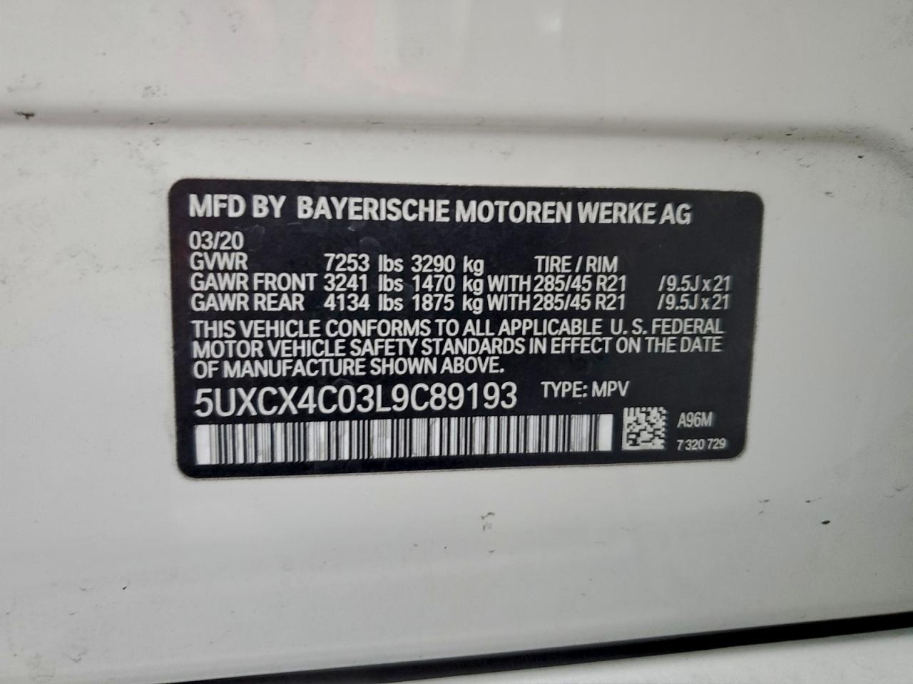 2020 BMW X7 xDrive50I VIN: 5UXCX4C03L9C89193 Lot: 94394375