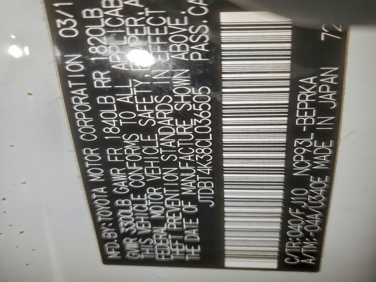 2012 Toyota Yaris VIN: JTDBT4K38CL036505 Lot: 95807975