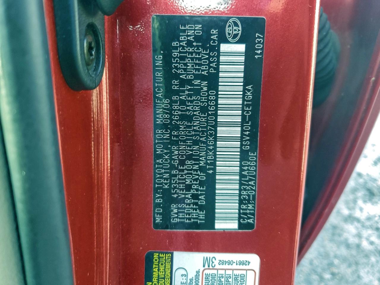 2007 Toyota Camry Le VIN: 4T1BK46K37U016680 Lot: 94010705