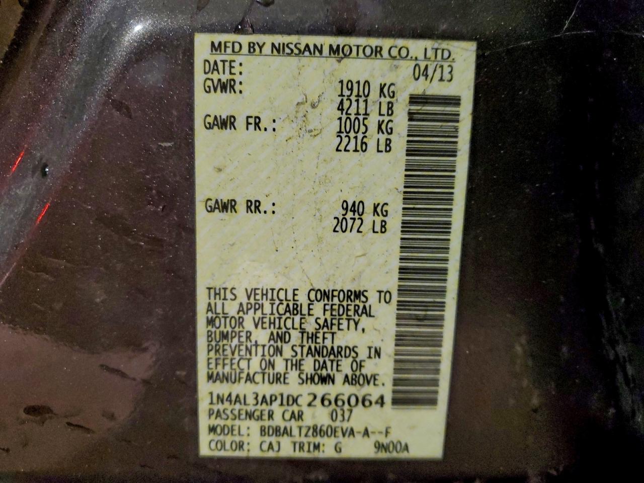 2013 Nissan Altima 2.5 VIN: 1N4AL3AP1DC266064 Lot: 94676625