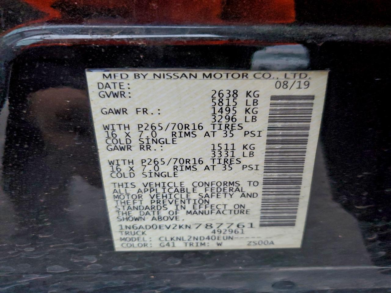 2019 Nissan Frontier S VIN: 1N6AD0EV2KN787761 Lot: 92240065