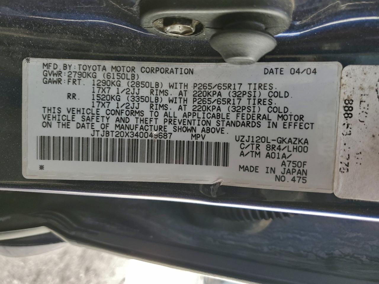 2004 Lexus Gx 470 VIN: JTJBT20X340049687 Lot: 95415555