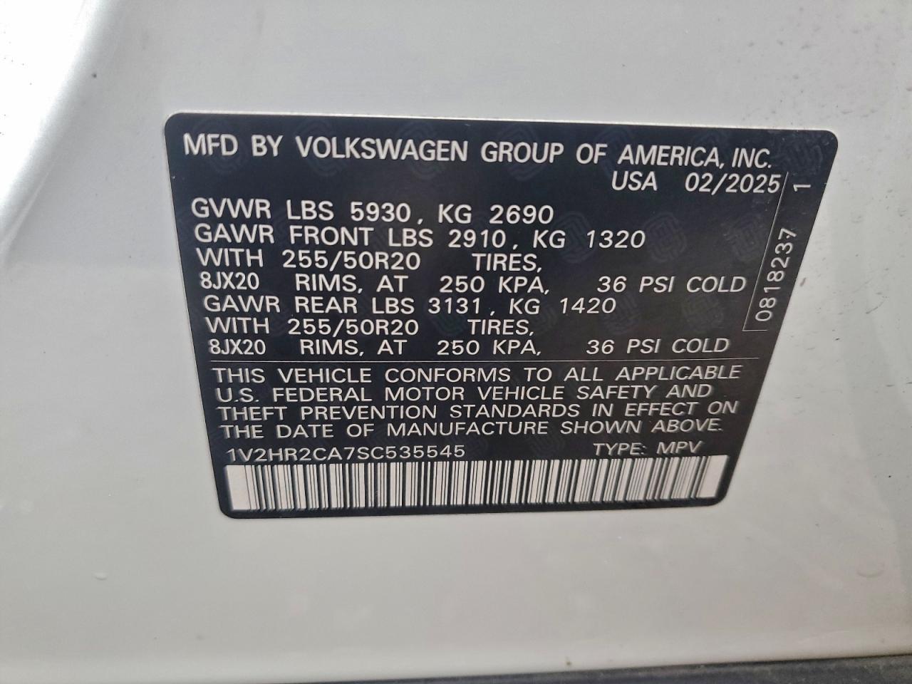 2025 Volkswagen Atlas Se VIN: 1V2HR2CA7SC535545 Lot: 93856975