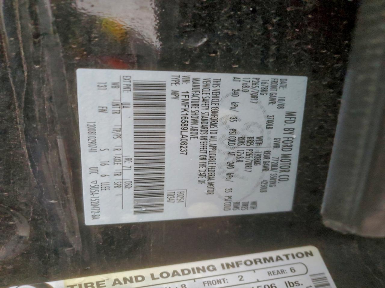 2009 Ford Expedition El Xlt VIN: 1FMFK16589LA08237 Lot: 95770005