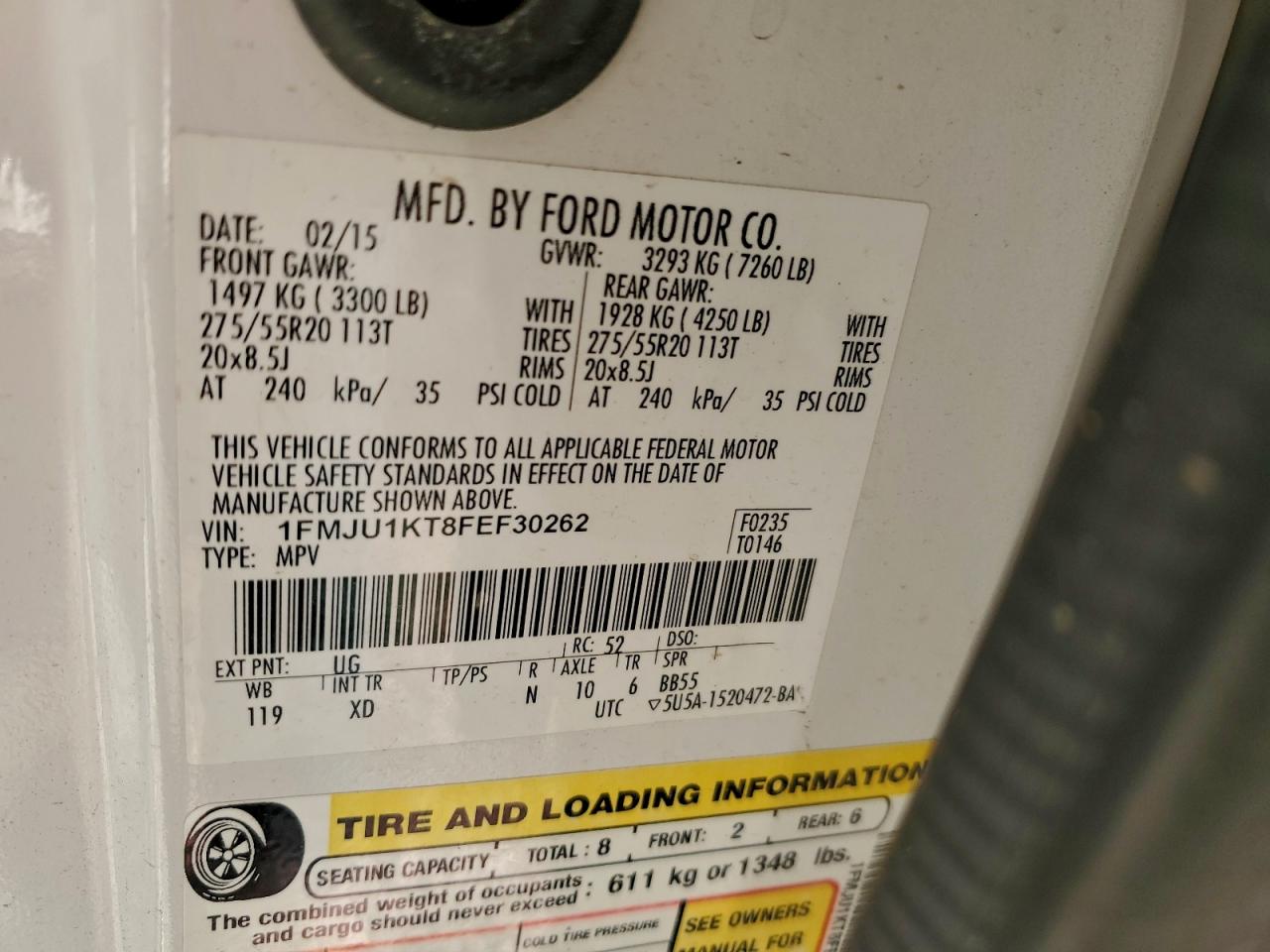 2015 Ford Expedition Limited VIN: 1FMJU1KT8FEF30262 Lot: 96756495